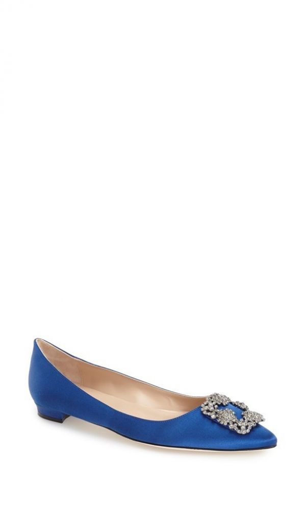 Manolo Blahnik Hangisi Flat Blue Satin